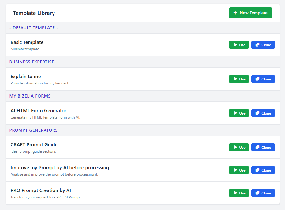 Bizelia Prompt Template Library Screenshot